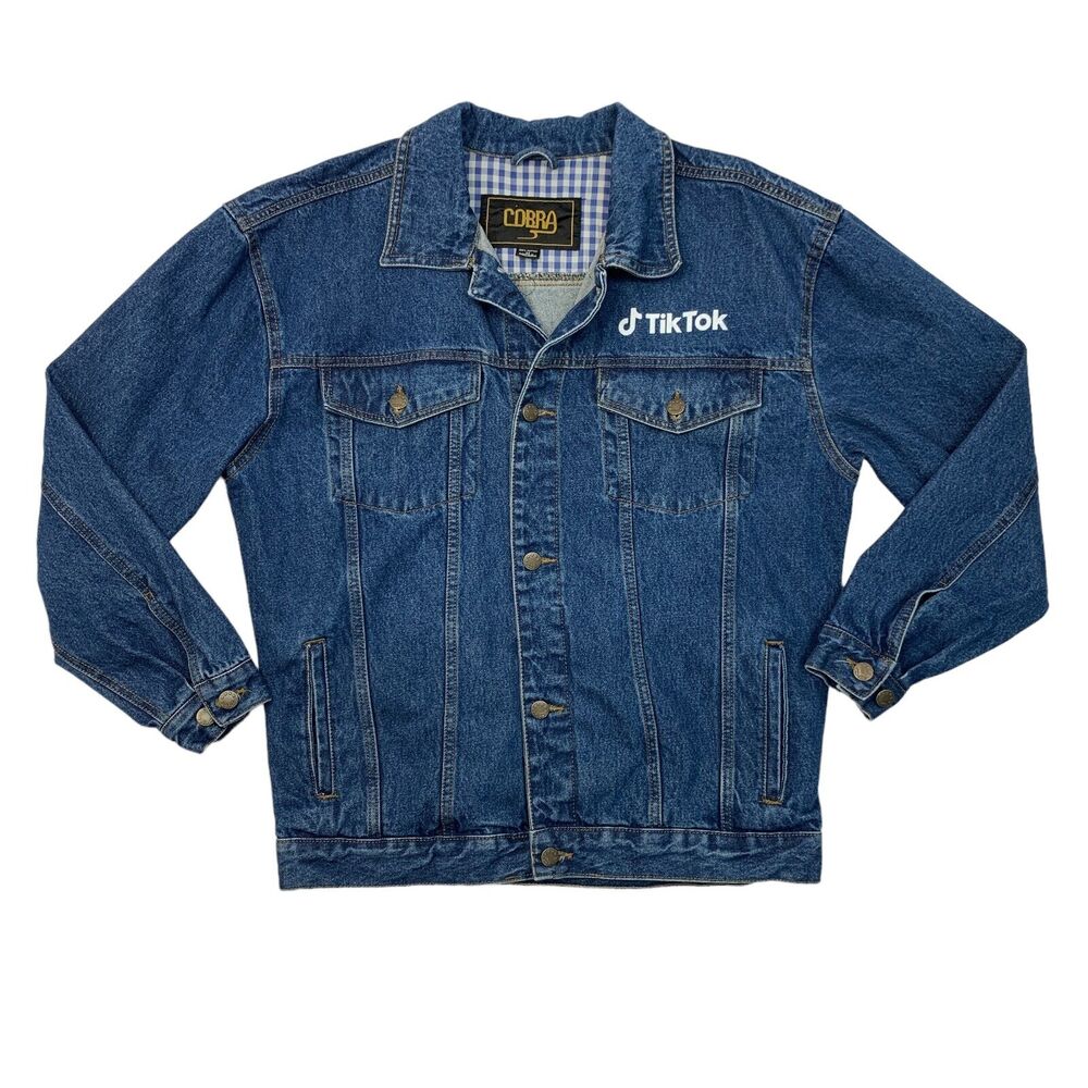 TikTok Trucker Jean Jacket Mens M Medium Blue Denim Graphic Smiley Face Cobra
